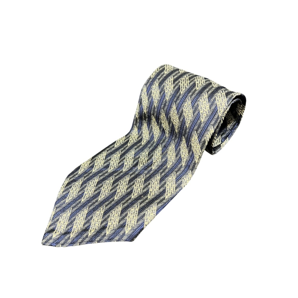 Hickey Freeman Italian Silk Tie Blue Beige Geo Pattern Hand Folded USA